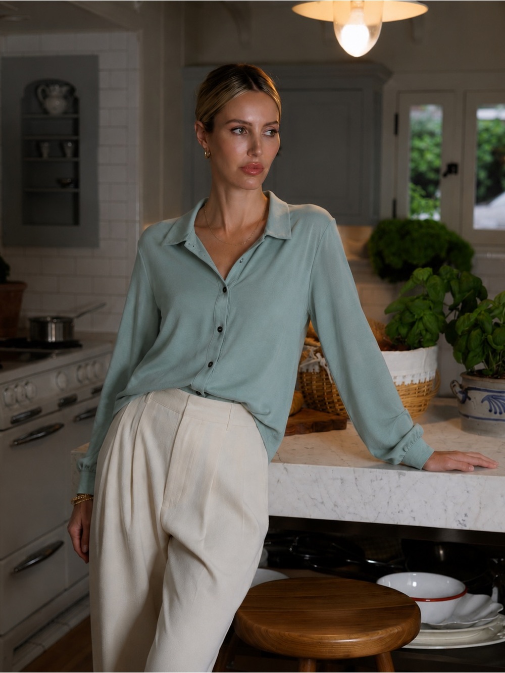 J.Jill Mint Green Knit Button Front Collared Blouse XL Soft Stretch Top